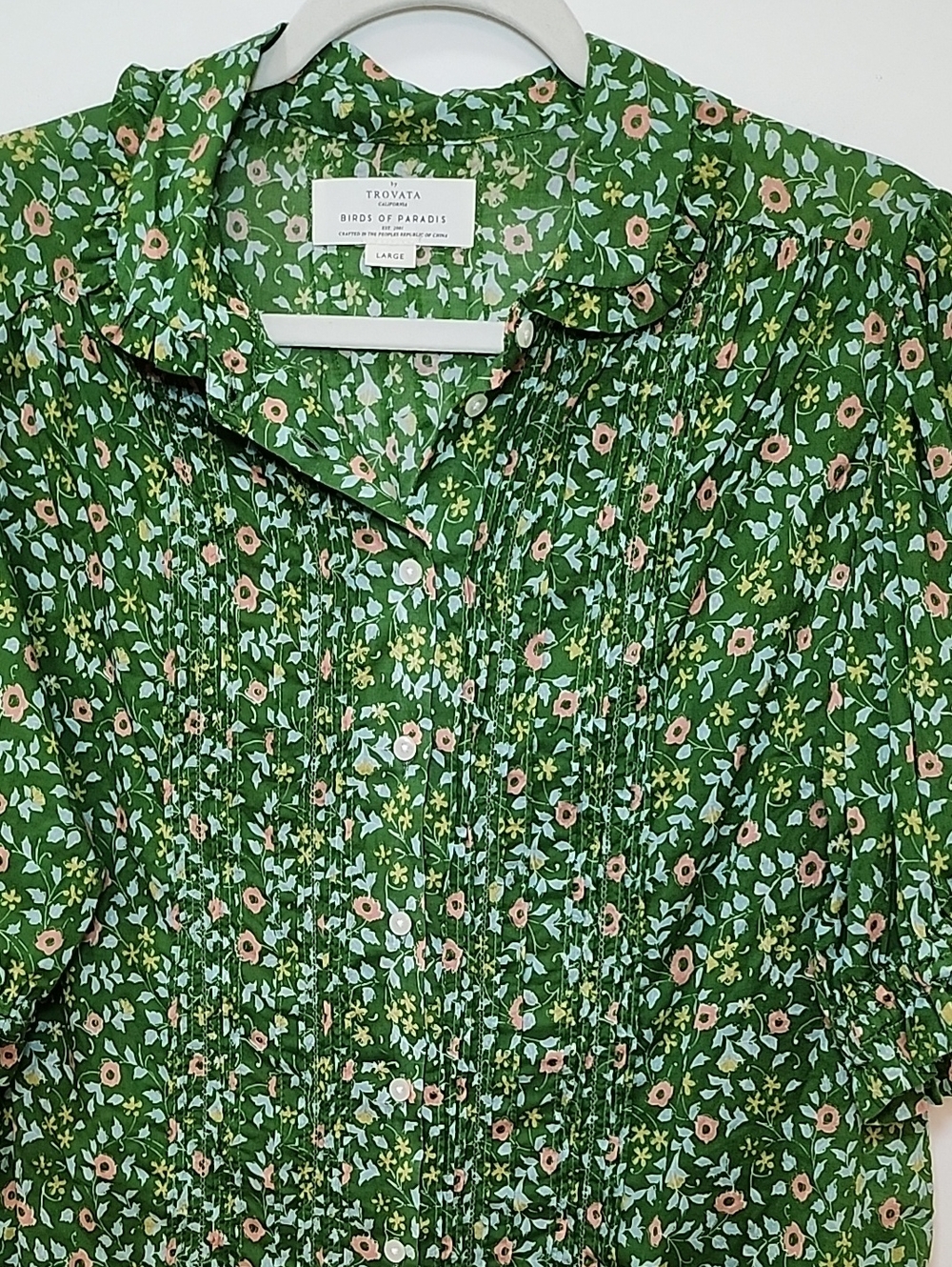 Anthropologie Trovata Romantic Green Floral Pintuck Button-Down Blouse Size L - Picture 3 of 16